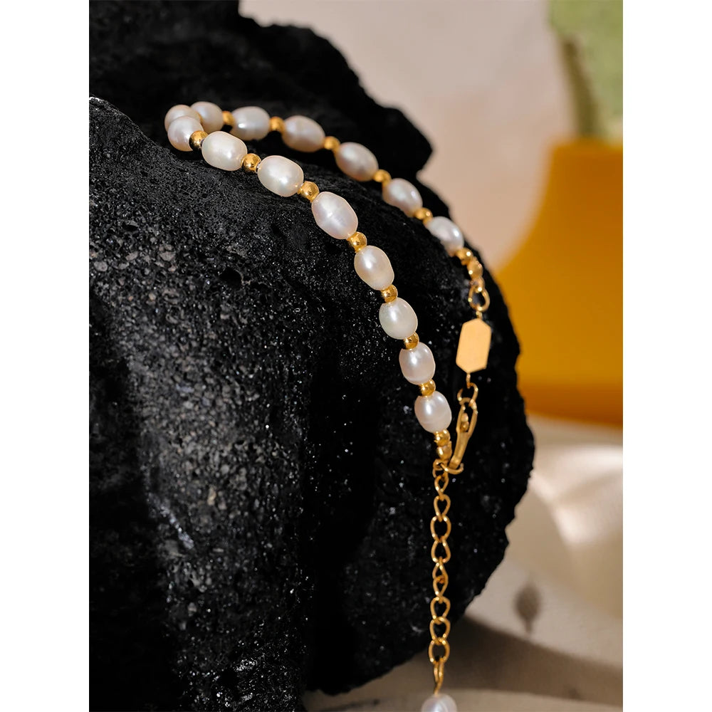 Yhpup pérolas naturais de água doce moda artesanal pulseira feminina à prova dwaterproof água pvd encantos contas de aço inoxidável jóias presente