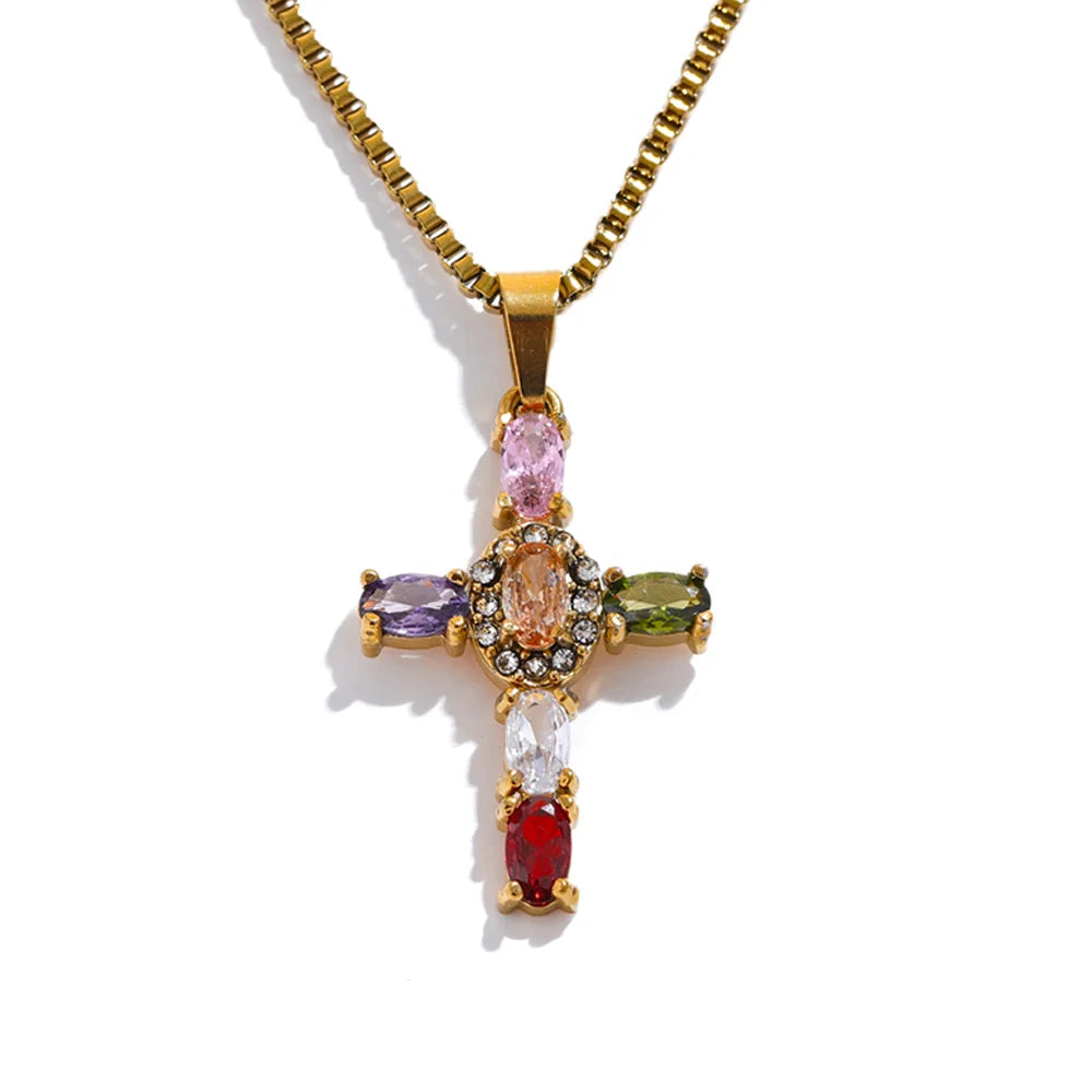 Yhpup delicado colorido bling zircônia cúbica cruz pingente de aço inoxidável colar de luxo de alta qualidade moda brilhante jóias presente