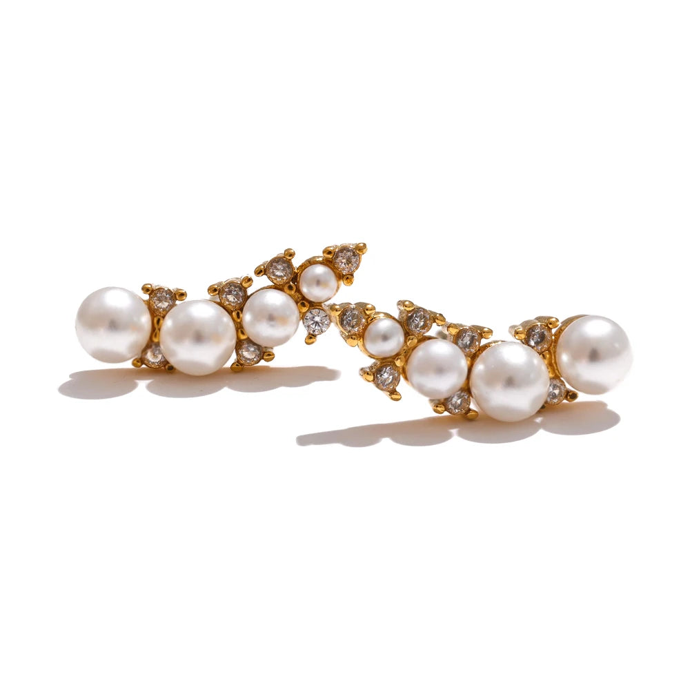 Yhpup estilo coreano chique imitação de pérolas zircônia cúbica brincos moda aço inoxidável requintado versátil jóias diárias