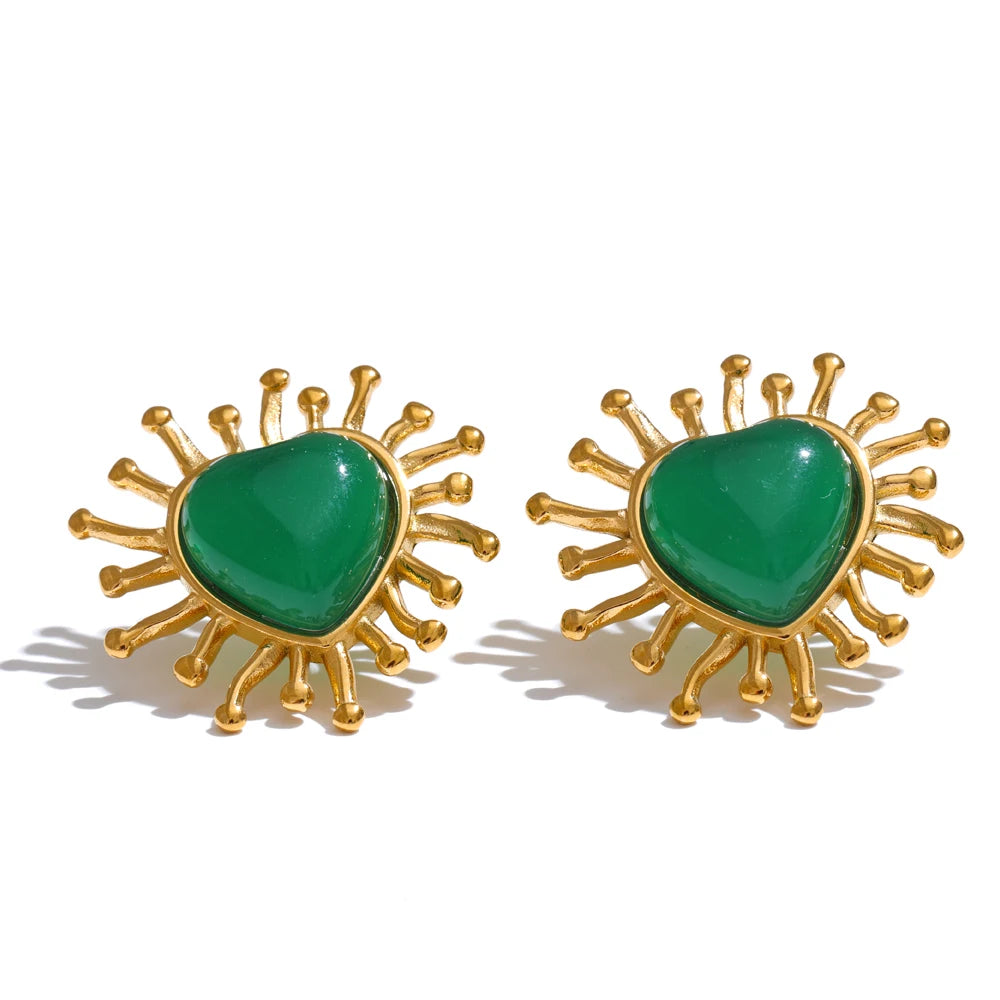 Yhpup Brincos de aço inoxidável com pedra verde, resina vermelha e branca, coração, amor, para mulheres, joias da moda diária