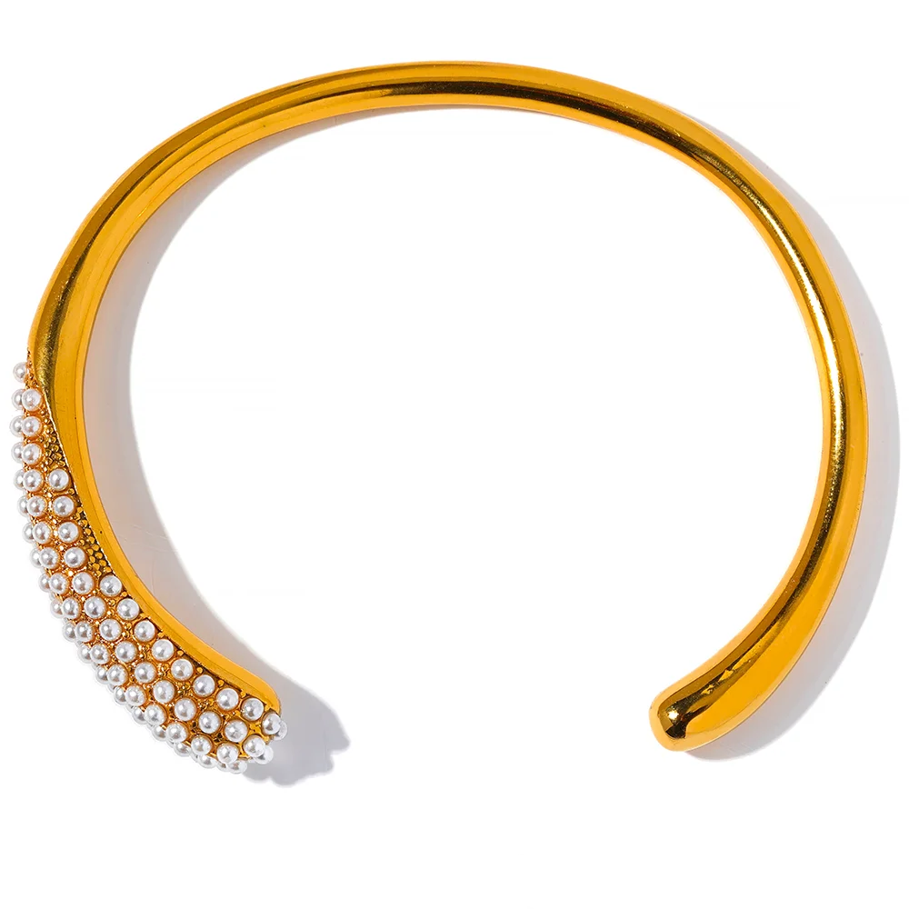 Yhpup elegante imitação de pérolas geométrica aço inoxidável 18k cor ouro manguito pulseira textura personalizada jóias presente