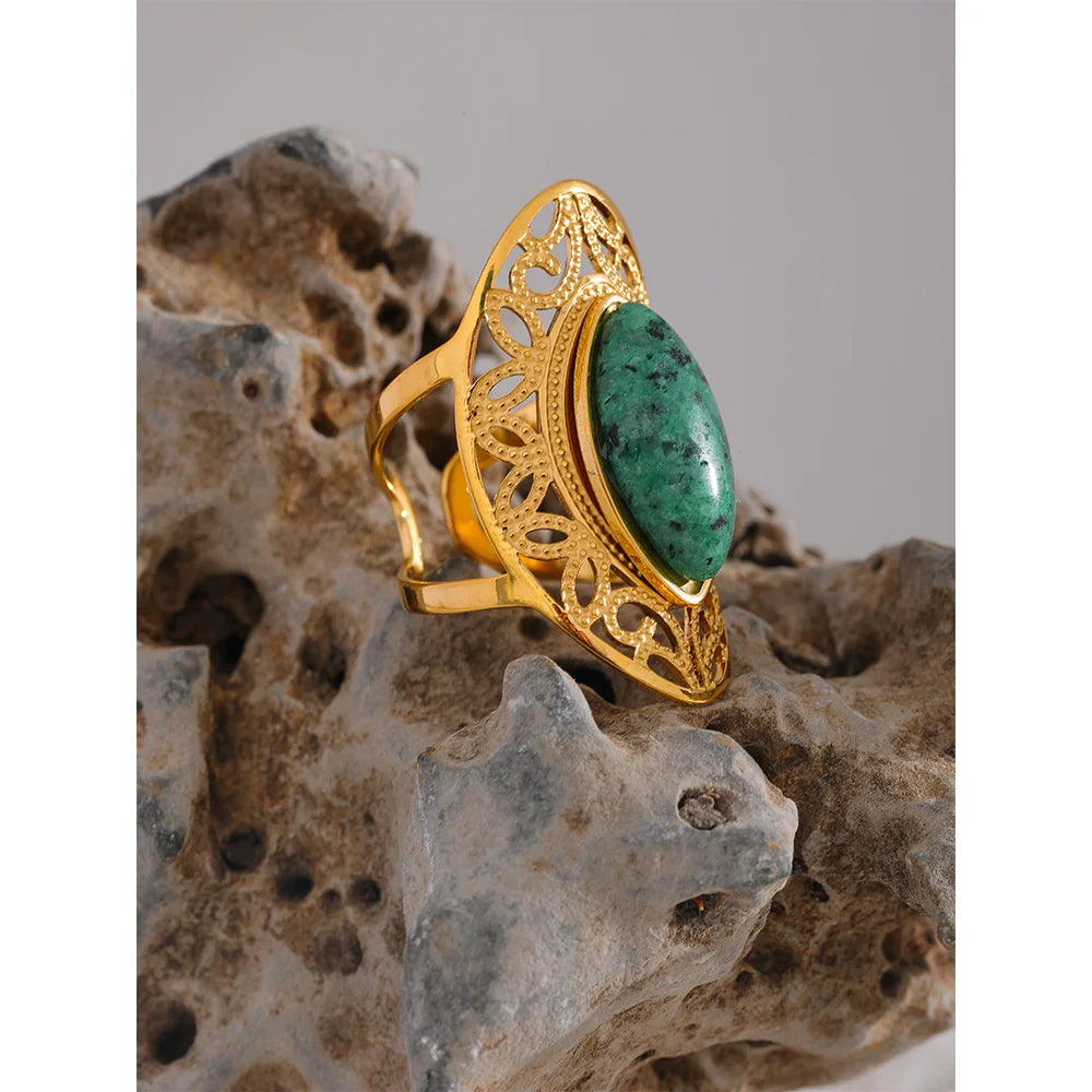 Yhpup vintage verde pedra natural anel aberto de aço inoxidável geométrico cor dourada elegante hiperbólico joias da moda para mulheres