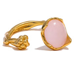 Yhpup-925 Anel Ajustável Aberto de Prata Esterlina para Mulheres, Rosa, Quartzo, Pedra, Flor, Planta, Joalheria Fina, Elegante, Requintado, Presente Chique