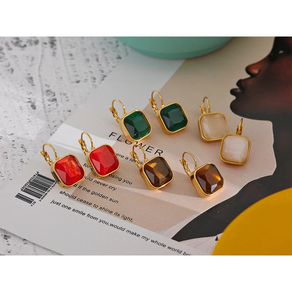 Yhpup delicado colorido vintage charme quadrado opala pedra brincos de gancho francês aço inoxidável 18k banhado a ouro joias à prova d'água