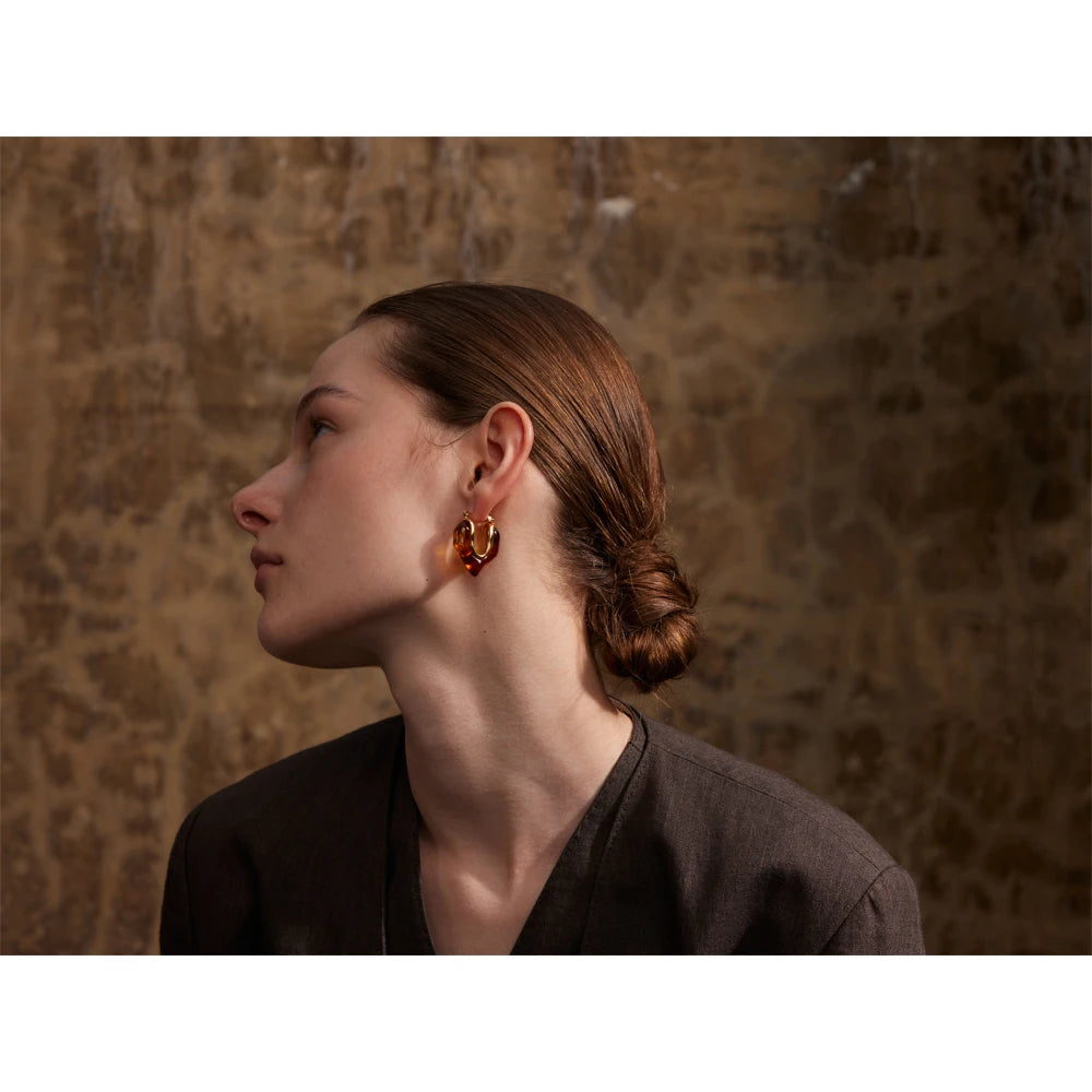 Yhpup moda âmbar resina geometria hoop brincos na moda aço inoxidável 18k pvd banhado jóias acessórios presente