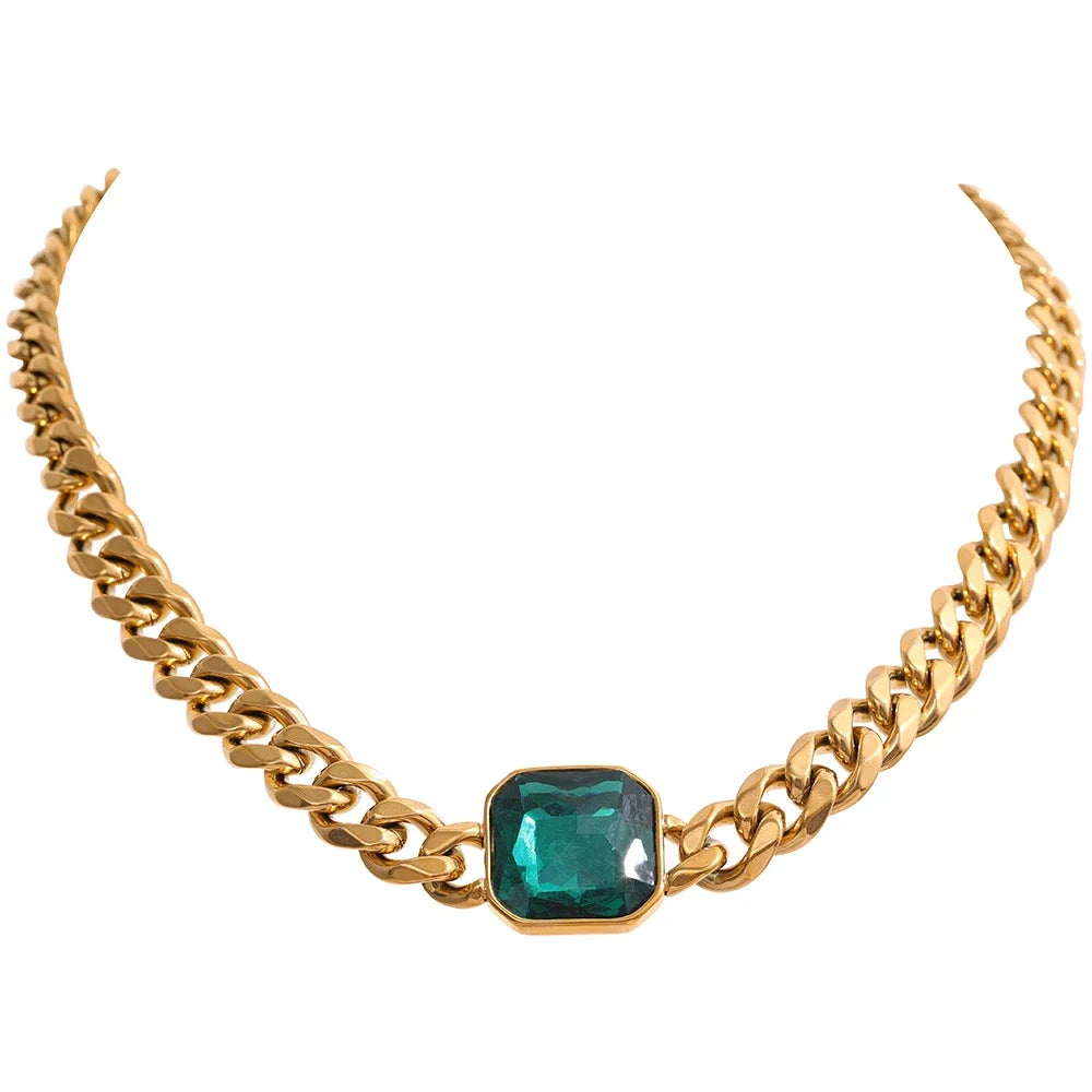 Yhpup hiperbólico cor dourada grossa corrente cubana cristal verde textura de metal colar de declaração de aço inoxidável joias da moda