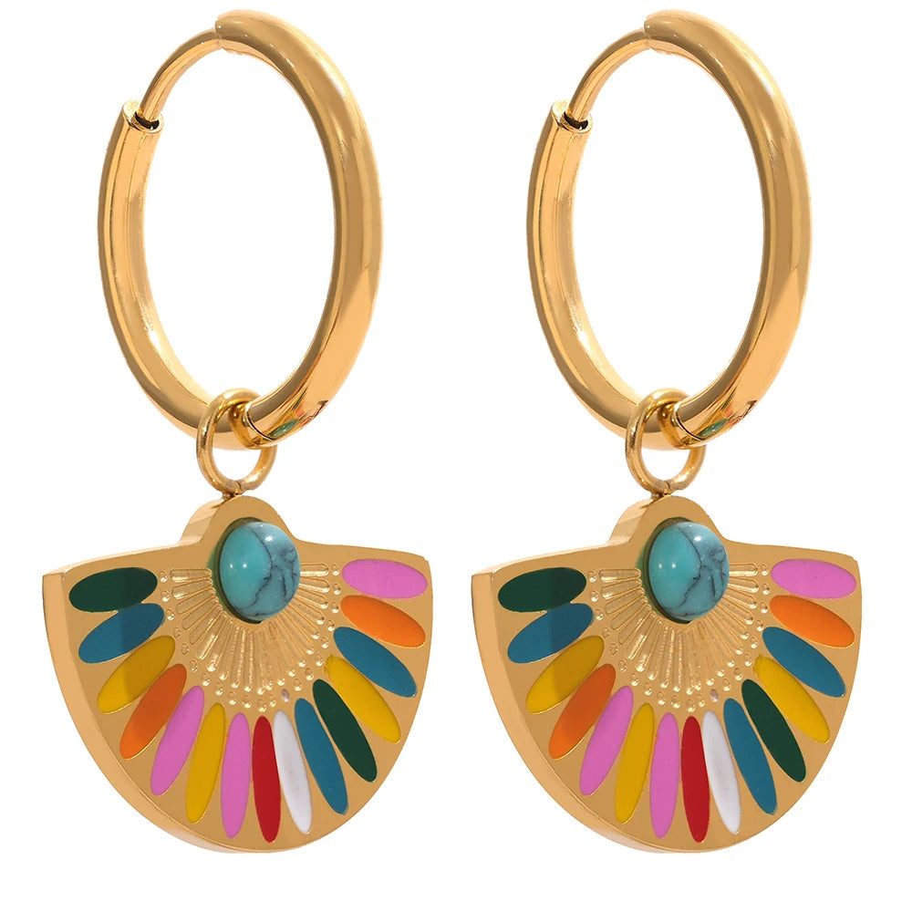 Yhpup y2k colorido esmalte ventilador de aço inoxidável geométrico boêmio arco-íris gota brincos de argola feminino na moda charme jóias