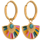 Yhpup y2k colorido esmalte ventilador de aço inoxidável geométrico boêmio arco-íris gota brincos de argola feminino na moda charme jóias
