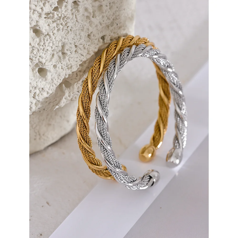 Yhpup pulseira redonda torcida de aço inoxidável à prova d'água, pulseira aberta para mulheres, textura de metal, joia de declaração, presente