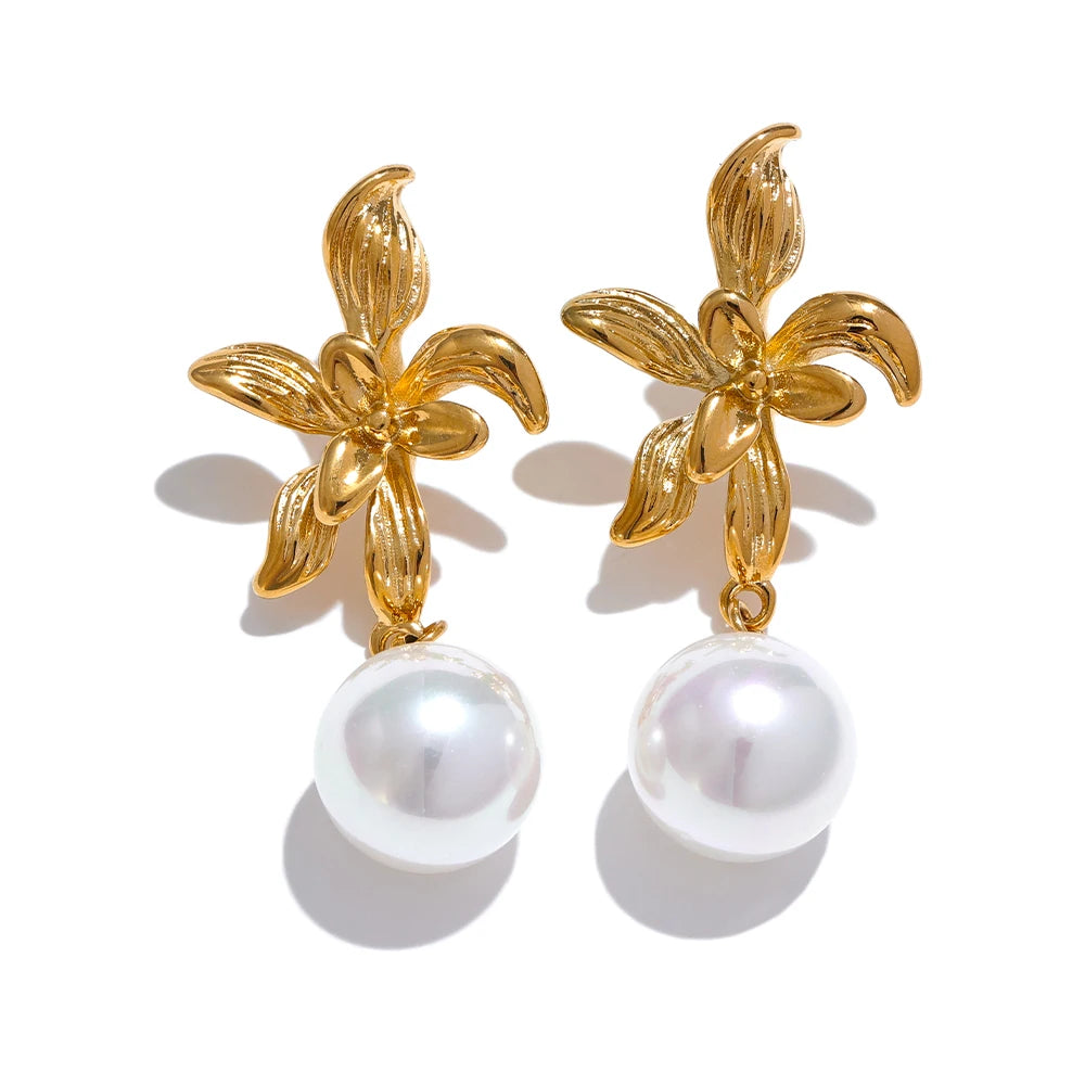 Yhpup-Brincos de aço inoxidável com pérolas imitadas para mulheres, flor impermeável, acessórios elegantes para joias, moda coreana, novo