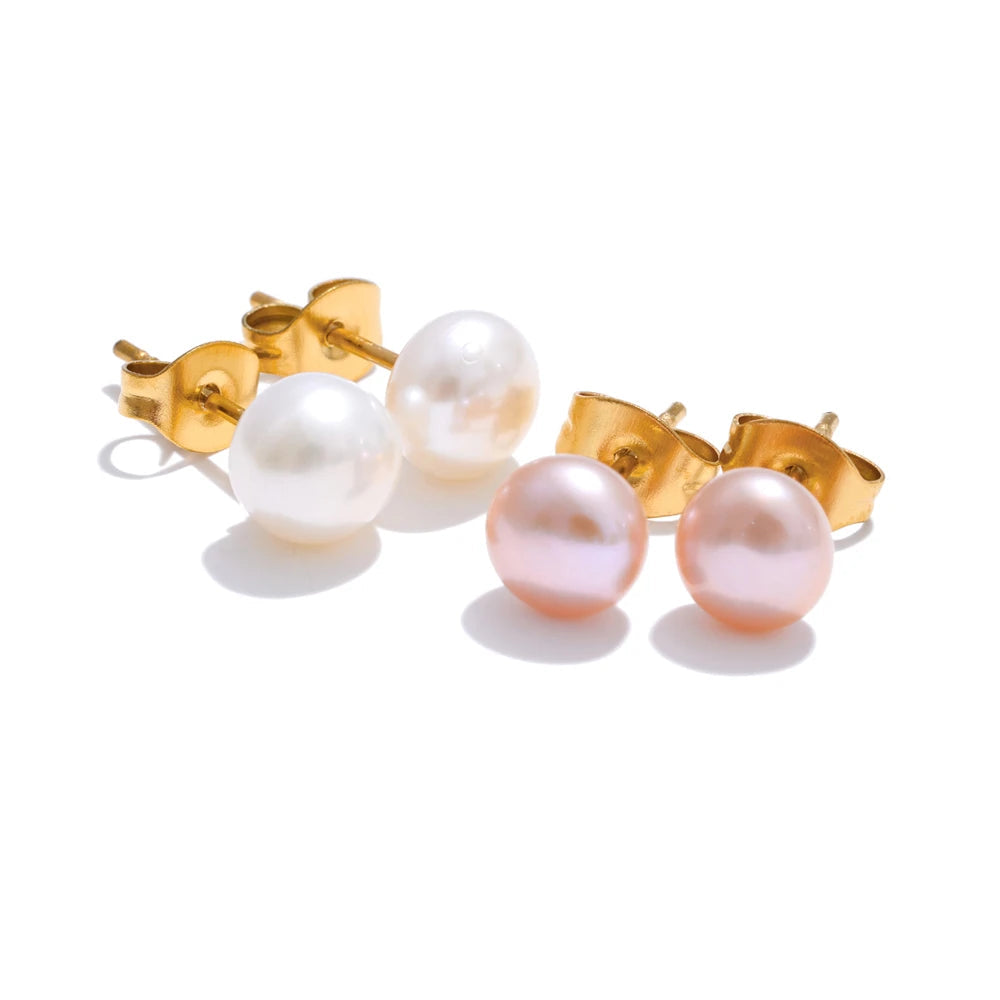 Yhpup 6mm de alta qualidade branco rosa natural pão de água doce pérola pequenos brincos femininos aço inoxidável jóias diárias presente
