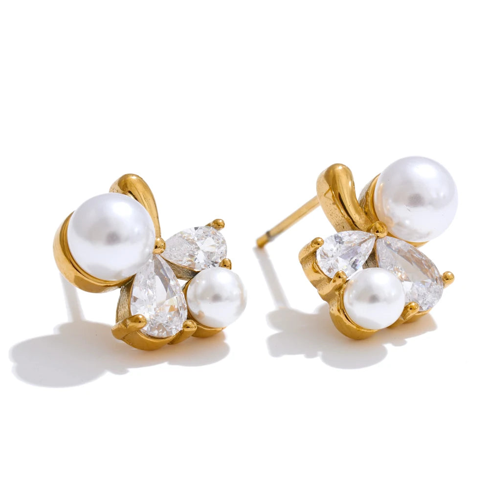 Yhpup suave pérola bling zircônia cúbica flor delicado brincos mancha resistente aço inoxidável chique doce jóias presente
