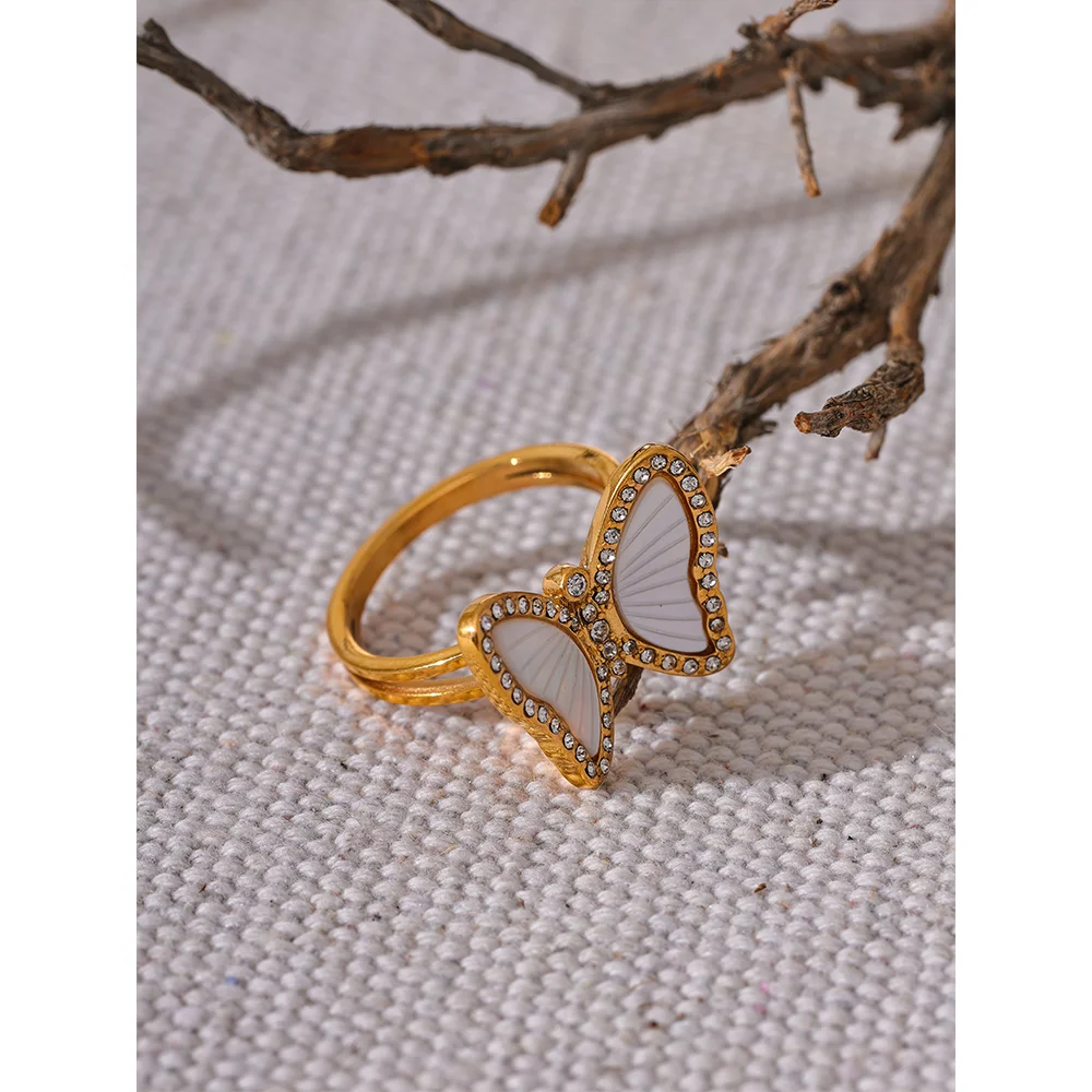 Yhpup-Natural Shell CZ Anel De Borboleta De Aço Inoxidável, Zircônia Cúbica Incrustada, Cor Do Ouro, Moda Requintada, Acessórios De Jóias