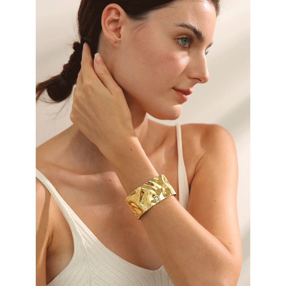 Yhpup ampla grande aço inoxidável metal manguito aberto pulseira 18k ouro pvd banhado declaração à prova dwaterproof água jóias de pulso bijoux