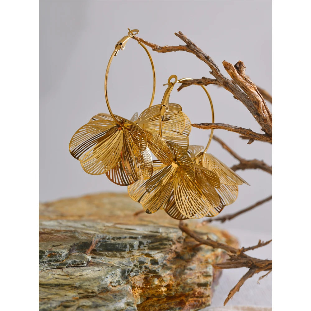 Yhpup design exclusivo de aço inoxidável flor de metal brincos de argola grandes 2024 personalidade moda joias atraentes à prova d'água