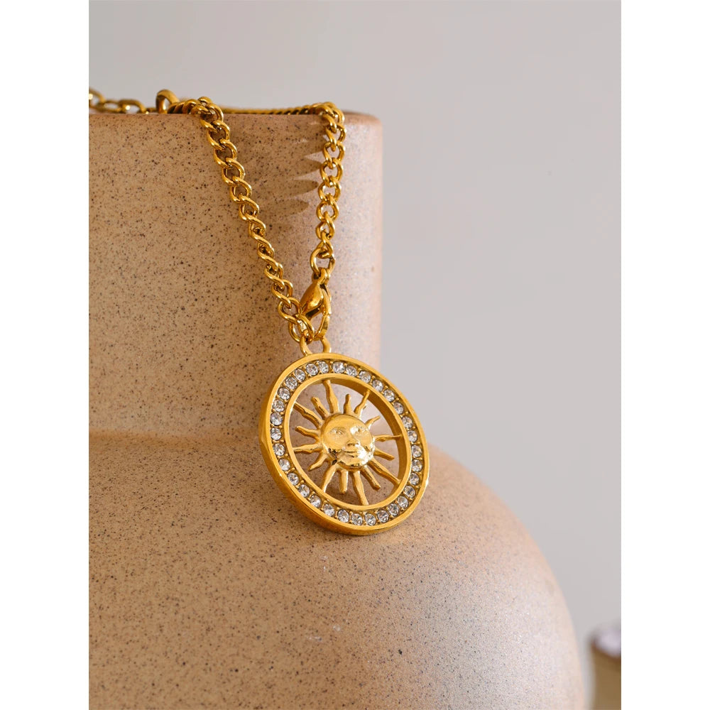 Yhpup estilo quente zircônia redonda sol oco pingente colar 18k cor de ouro aço inoxidável requintado premium jóias presente