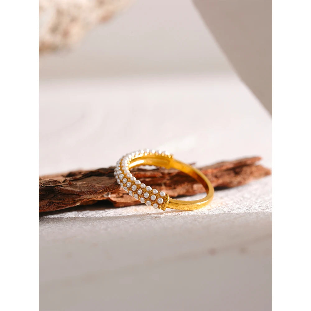 Yhpup elegante imitação de pérolas de aço inoxidável charme chique anel 18k banhado a ouro à prova d'água na moda joias românticas femininas