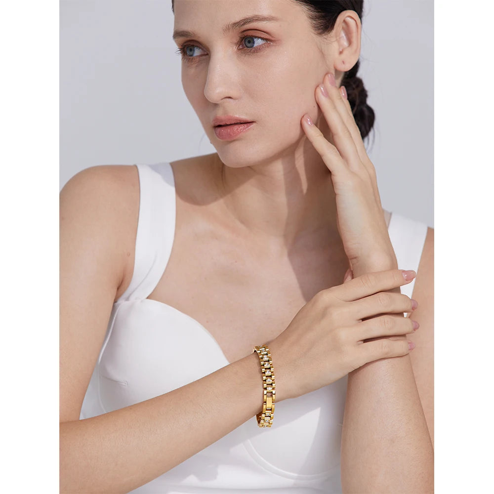 Yhpup 18cm imitação de pérolas de aço inoxidável pvd banhado a ouro grosso corrente cubana charme pulseira moda jóias wome