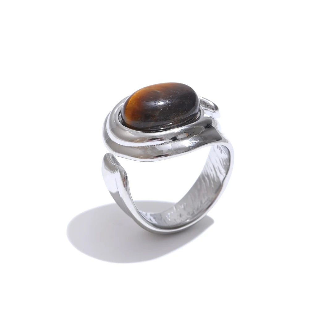 Yhpup popular aço inoxidável natural tigre pedra anel de dedo ouro prata cor à prova dwaterproof água geométrica charme jóias 2024