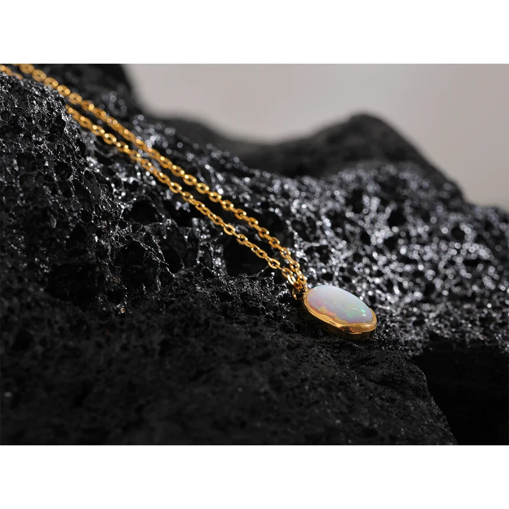 Yhpup requintado elegante processado opala pedra minimalista pequeno chique pingente colar 18k banhado a ouro jóias para presente feminino