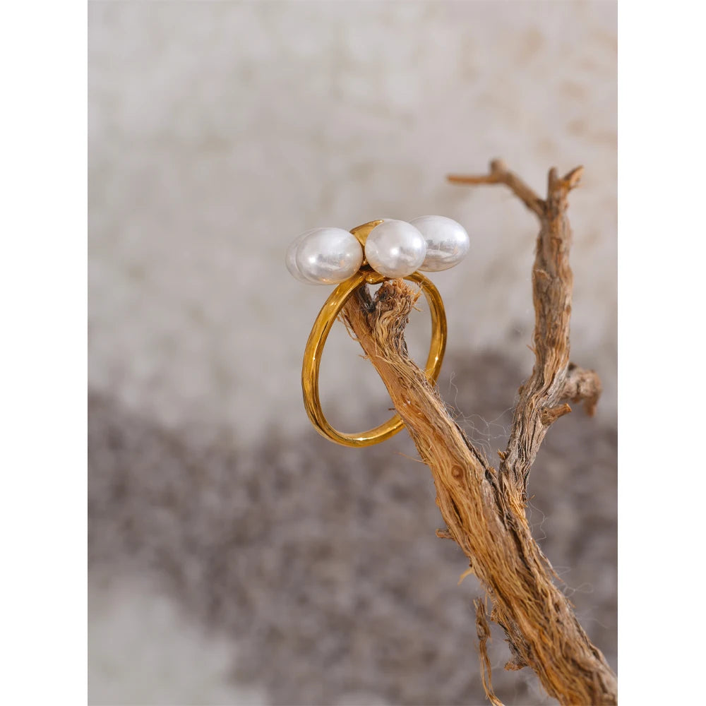 Yhpup elegante imitação de pérolas flor dourada ajustável chique anel para mulheres moda dedo joias exclusivas