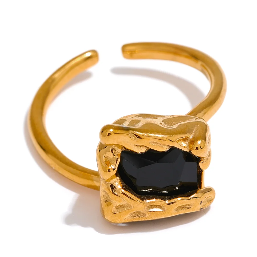 Yhpup preto verde zircônia cúbica aço inoxidável quadrado aberto anel 18k banhado a ouro de alta qualidade criativo à prova dwaterproof água jóias femininas