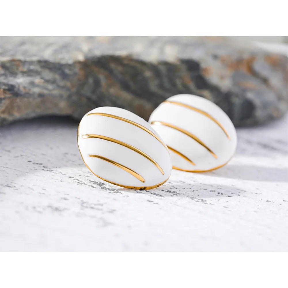 Yhpup cor branca esmalte aço inoxidável frança vintage brincos para mulher 18k pvd banhado à moda jóias nova bijoux femme