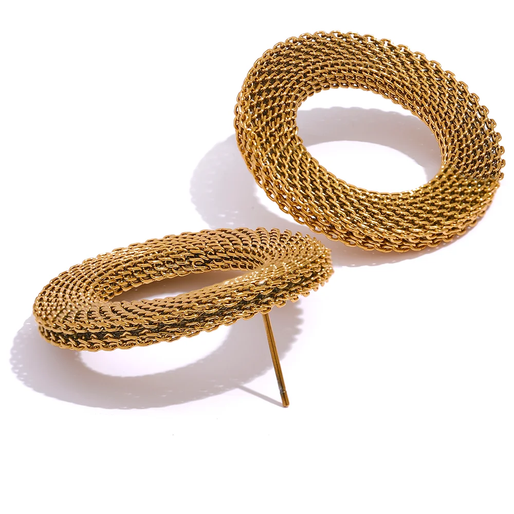 Yhpup 37mm à prova de ferrugem aço inoxidável redondo oco grandes brincos femininos charme textura de metal declaração cor de ouro jóias novo