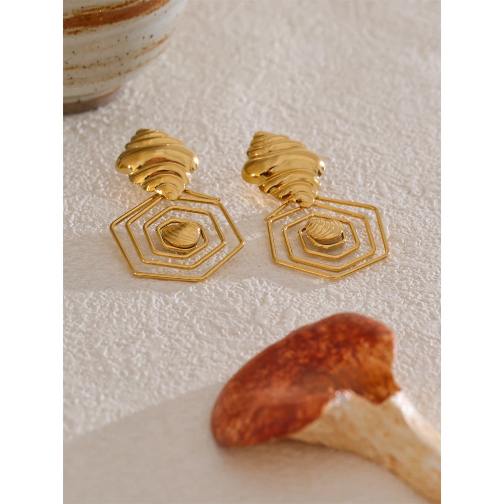 Yhpup elegante design exclusivo de aço inoxidável concha oca brincos 18k banhado a ouro estilo oceano joias diárias
