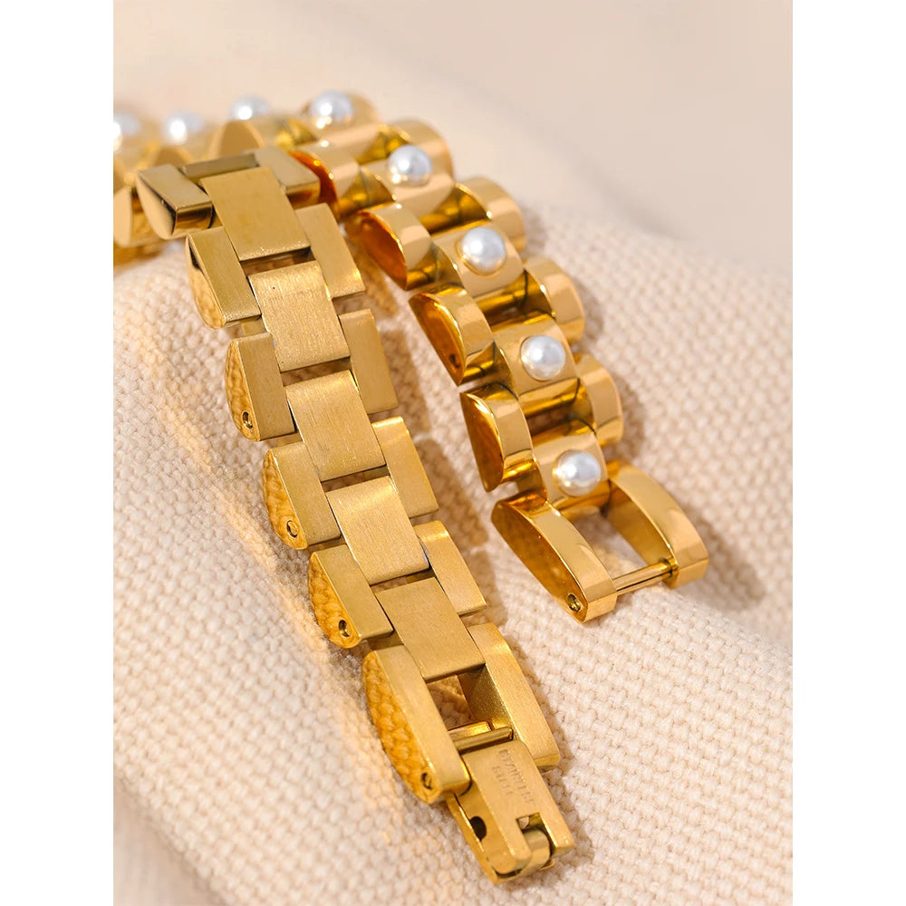 Yhpup 18cm imitação de pérolas de aço inoxidável pvd banhado a ouro grosso corrente cubana charme pulseira moda jóias wome