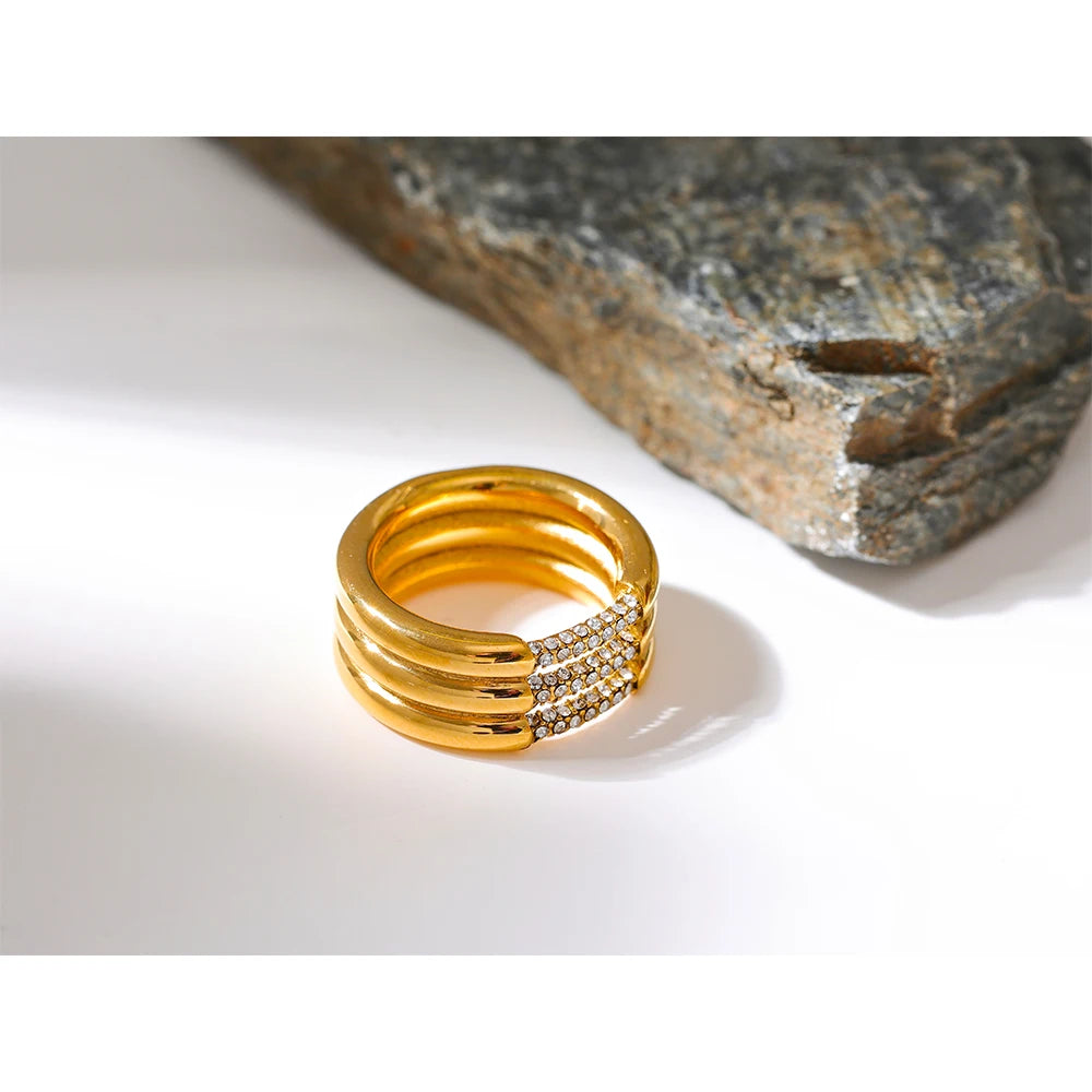 Yhpup novo exclusivo em camadas geométricas de aço inoxidável zircônia cúbica anel textura metal alta qualidade na moda jóias femininas