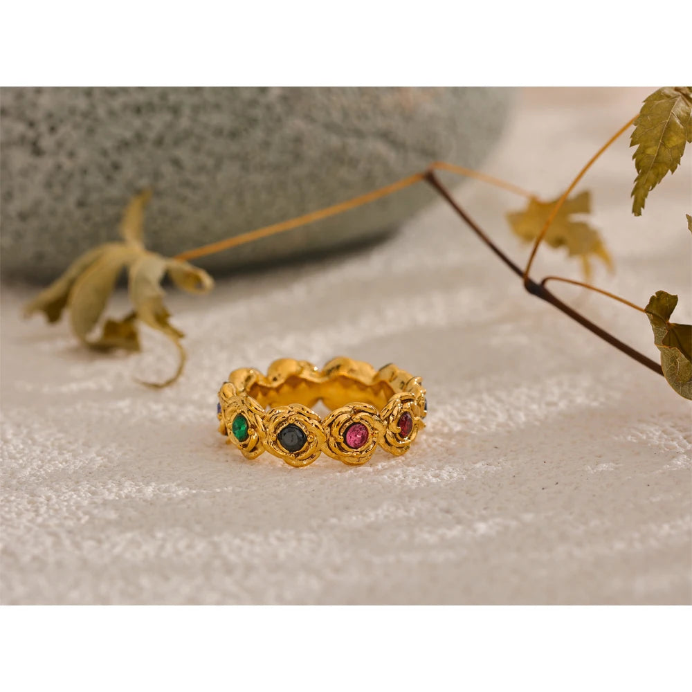 Yhpup Anel de flor de zircônia cúbica colorida 18K cor dourada PVD banhado a aço inoxidável moda dedo joias acessórios presente