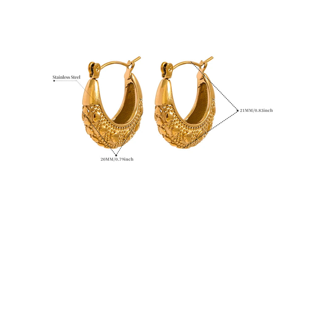 Yhpup 316l aço inoxidável coração geométrico hoop brincos 18k pvd banhado metal textura charme jóias orecchini da donna presente