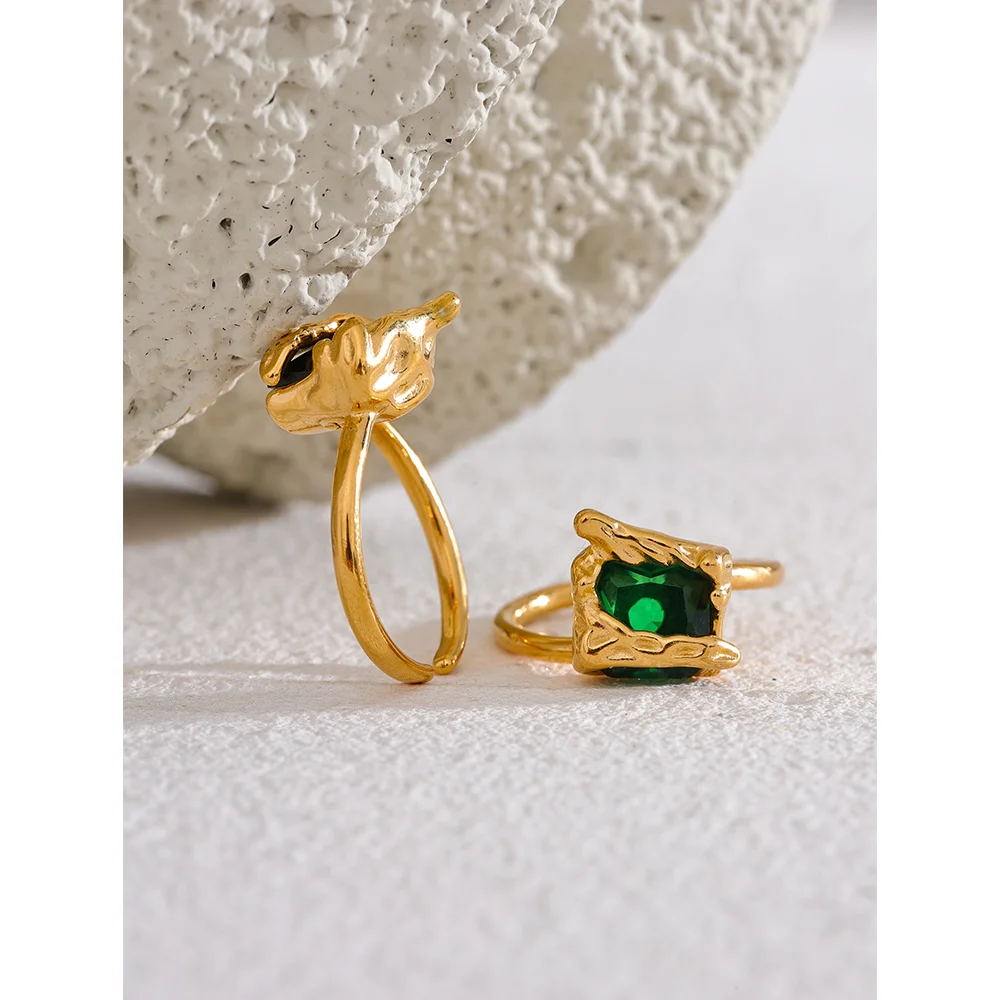 Yhpup preto verde zircônia cúbica aço inoxidável quadrado aberto anel 18k banhado a ouro de alta qualidade criativo à prova dwaterproof água jóias femininas