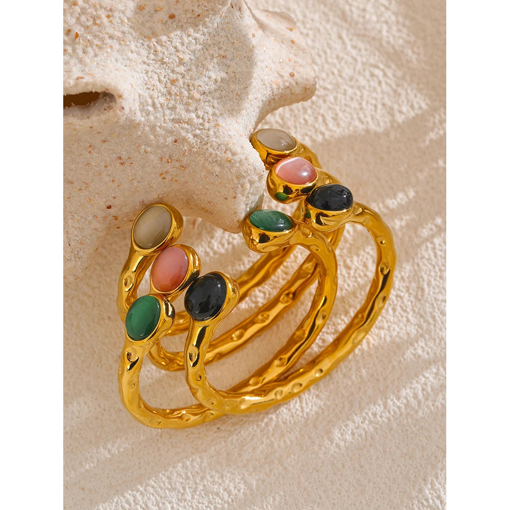 Yhpup 62mm de alta qualidade aço inoxidável multicolorido pedra natural manguito dourado aberto pulseira resistente à água jóias 2024