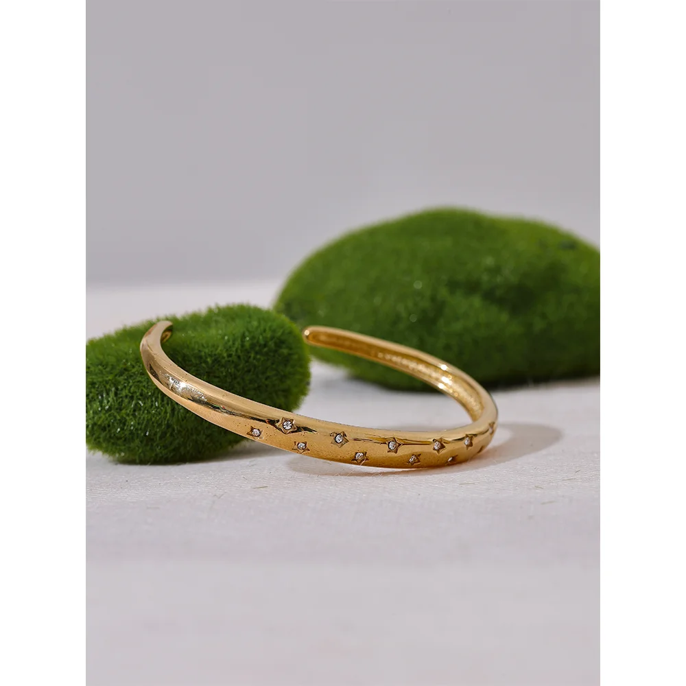 Yhpup delicado incrustado zircônia cúbica aço inoxidável estrela metal manguito aberto pulseira 18k pvd banhado charme jóias presente
