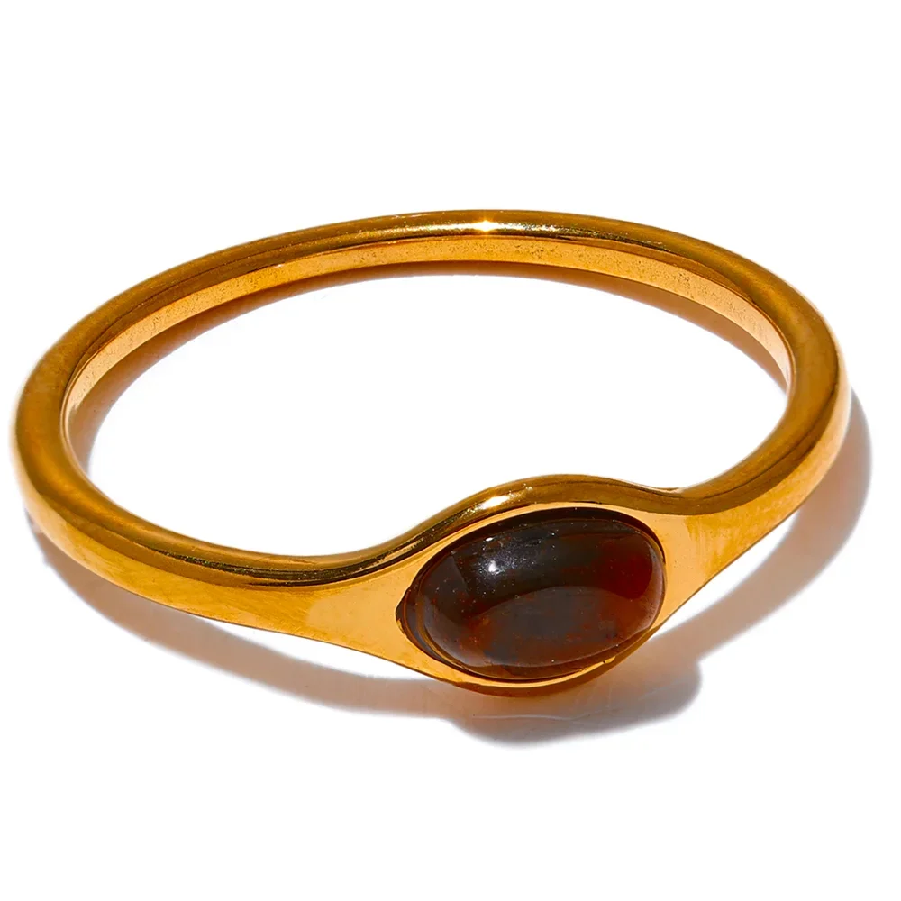 Yhpup moda pedra natural aço inoxidável oval fino chique anel feminino 18k pvd banhado à prova dwaterproof água jóias acessórios 2024 presente