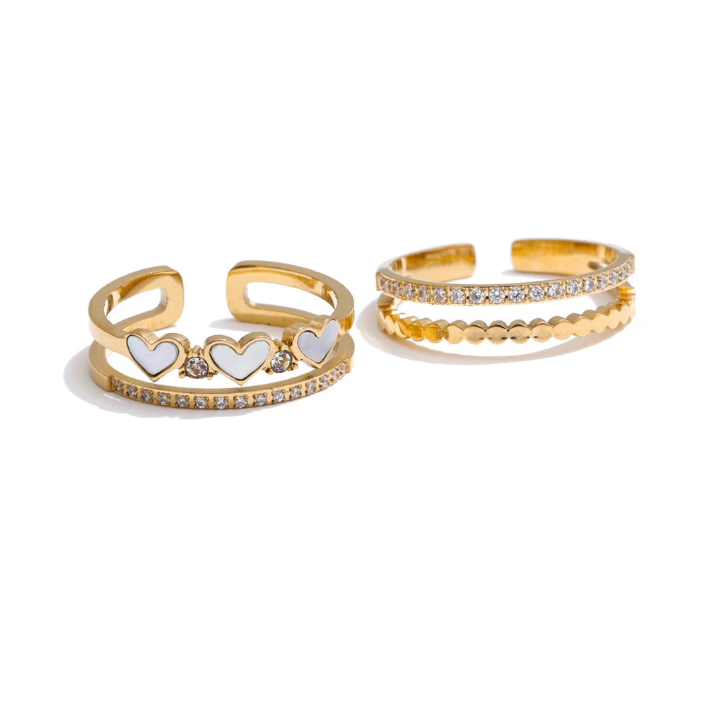 Yhpup requintado natural concha coração zircônia anel de dupla camada 18k cor ouro pvd banhado a aço inoxidável joias ajustáveis
