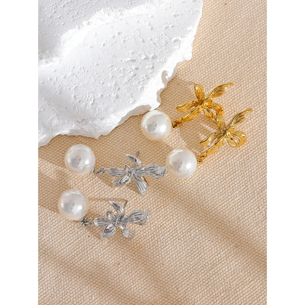 Yhpup-Brincos de aço inoxidável com pérolas imitadas para mulheres, flor impermeável, acessórios elegantes para joias, moda coreana, novo