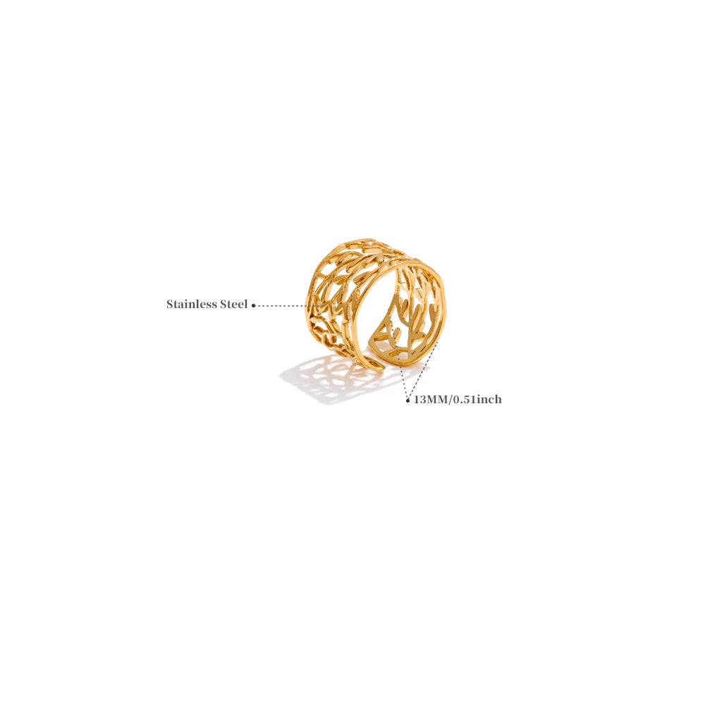 Yhpup distintivo aço inoxidável metal charme folha aberta manguito anel elegante popular ouro pvd banhado dedo jóias recomendar