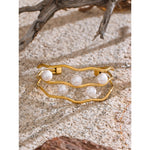 Yhpup 65mm elegância simulada pérolas em camadas oco manguito pulseira 18k cor de ouro aço inoxidável chique jóias de pulso
