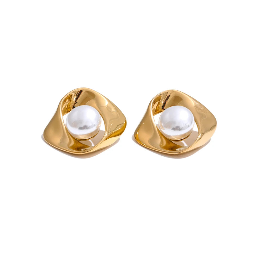 Yhpup estilo coreano imitação de pérola geométrica irregular brinco moda aço inoxidável diário versátil jóias à prova dwaterproof água