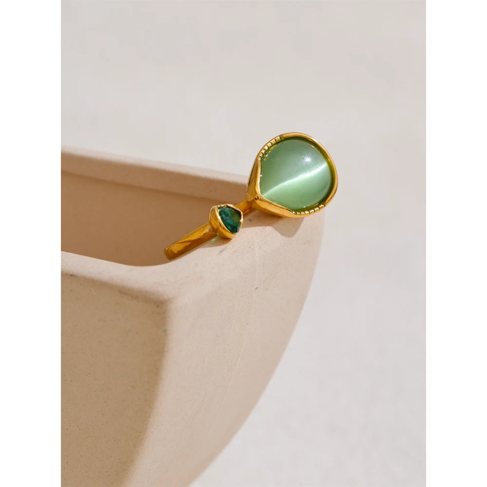 Yhpup chegada verde pedra natural zircônia gota de água geométrica anel dourado para mulheres aço inoxidável elegante jóias presente