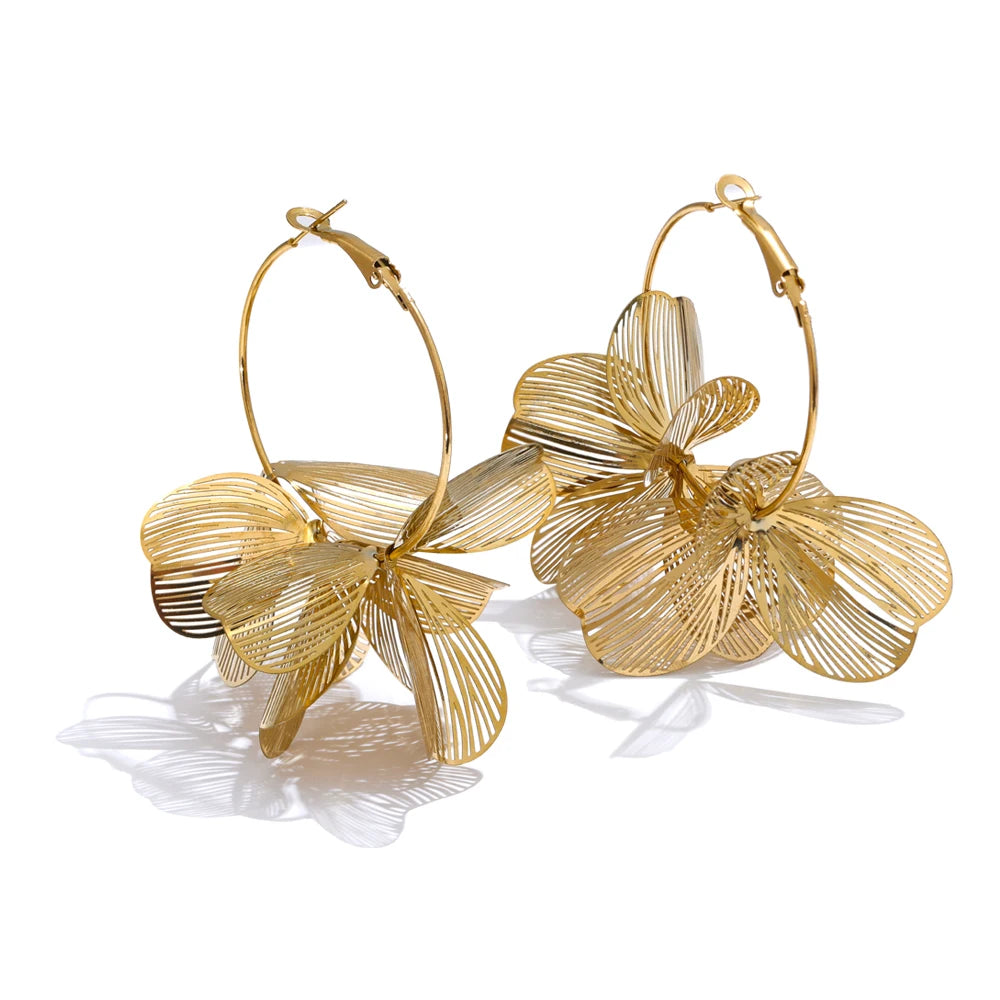 Yhpup design exclusivo de aço inoxidável flor de metal brincos de argola grandes 2024 personalidade moda joias atraentes à prova d'água