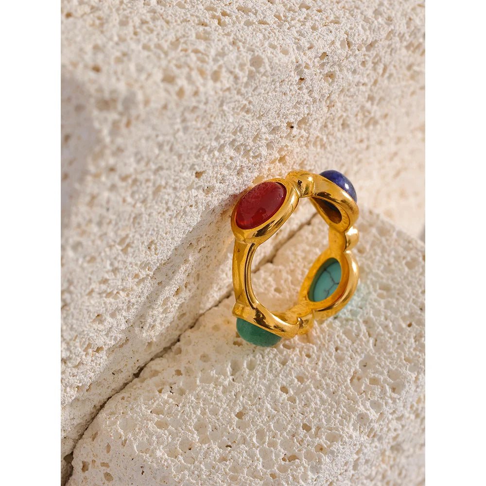 Yhpup aço inoxidável colorido pedra natural ágata elenco vintage charme anel moda 316l jóias para mulher presente texturizado