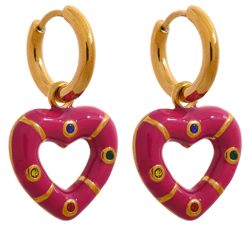 Yhpup moda rosa branco preto esmalte coração gota brincos de argola de aço inoxidável alta qualidade zircão charme jóias para presente feminino