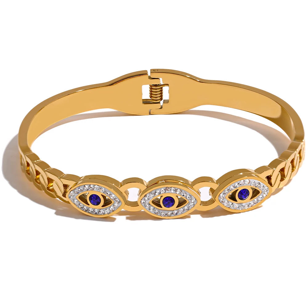 Yhpup charme turco mau olhado pulseira de aço inoxidável moda na moda zircão à prova dwaterproof água cor ouro jóias