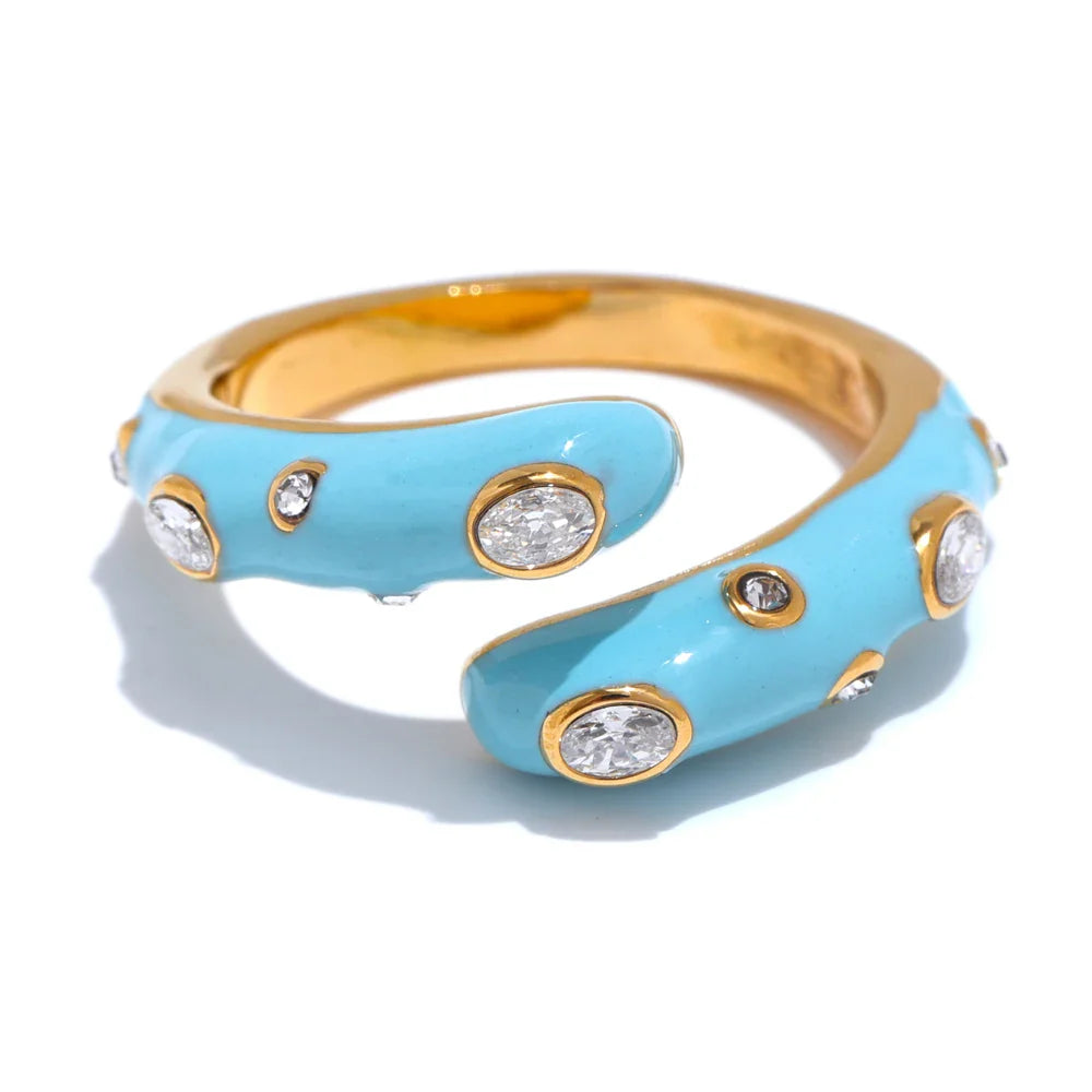 Yhpup doce ajustável y2k azul branco preto rosa esmalte zircônia cúbica requintado anel aberto dourado joias de aço inoxidável presente