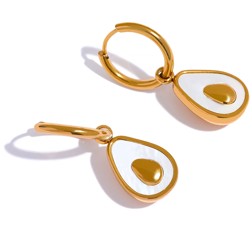 Yhpup gota de abacate dourado aço inoxidável frutas huggie hoop brincos para mulheres concha natural moda charme bonito jóias presente