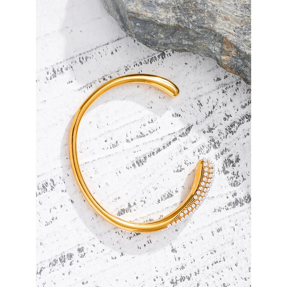 Yhpup elegante imitação de pérolas geométrica aço inoxidável 18k cor ouro manguito pulseira textura personalizada jóias presente